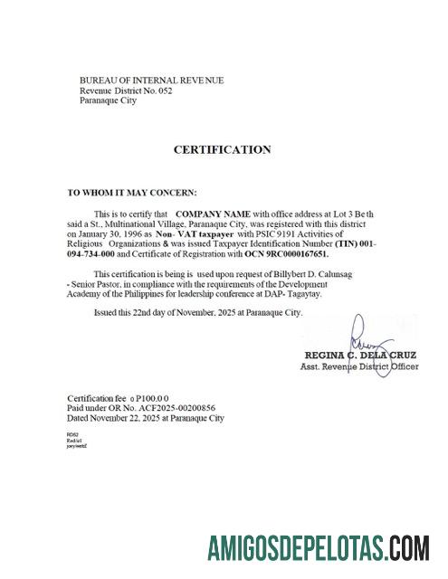 modelo em branco de certificação fiscal das Filipinas Word e PDF